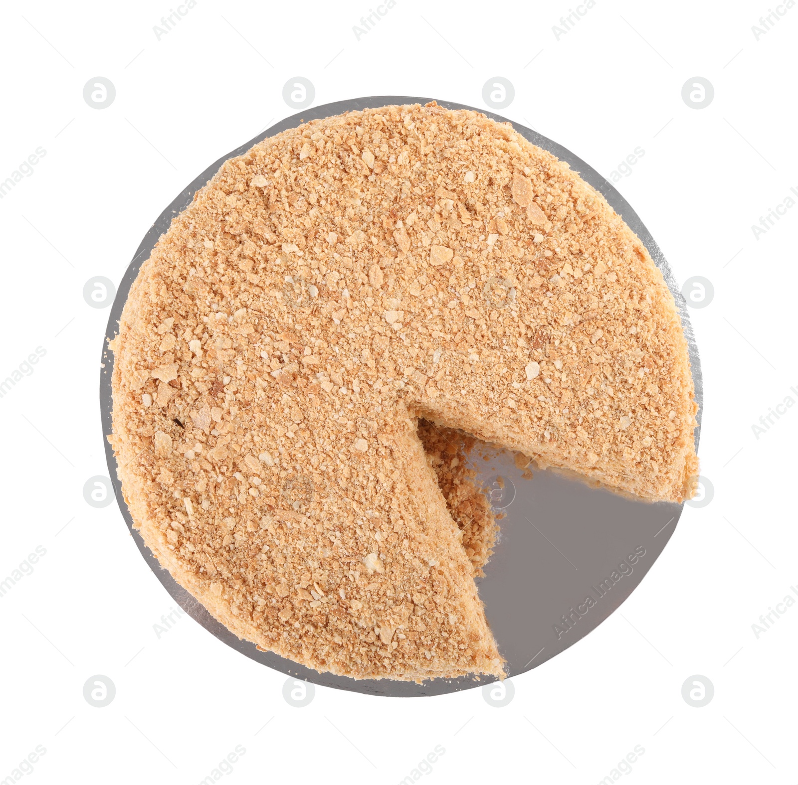 Photo of Delicious cut Napoleon cake isolated on white, top view