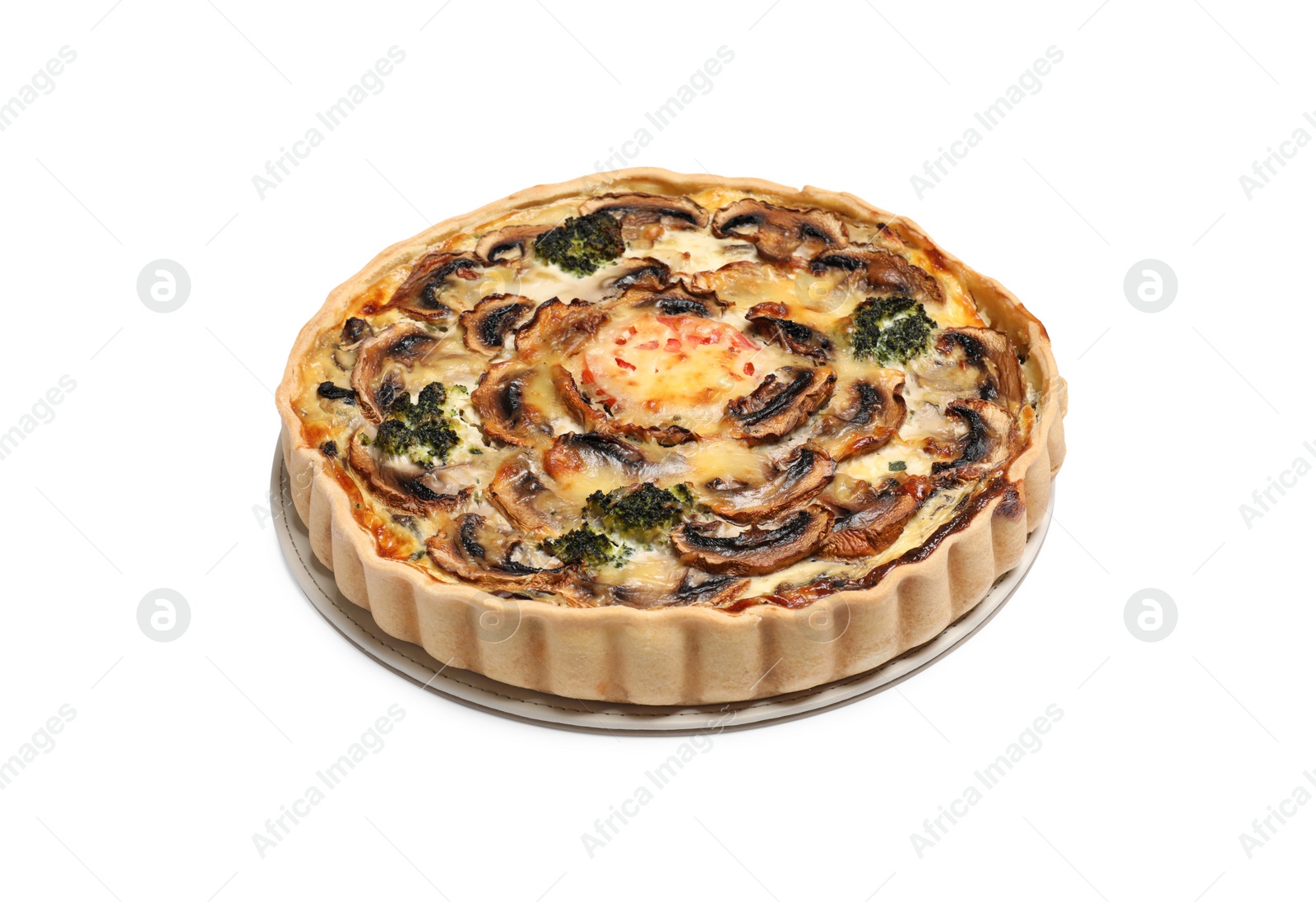 Photo of Delicious quiche with mushrooms isolated on white
