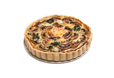 Delicious quiche with mushrooms isolated on white