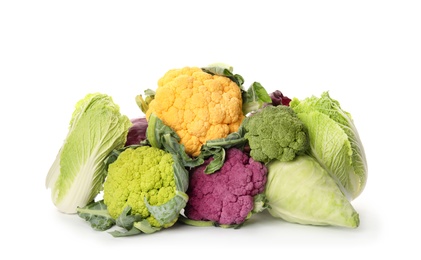 Photo of Different cabbages on white background. Healthy food