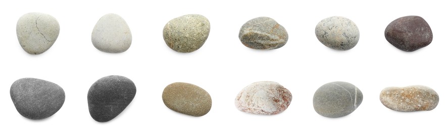 Image of Sea pebbles. Different stones isolated on white, set