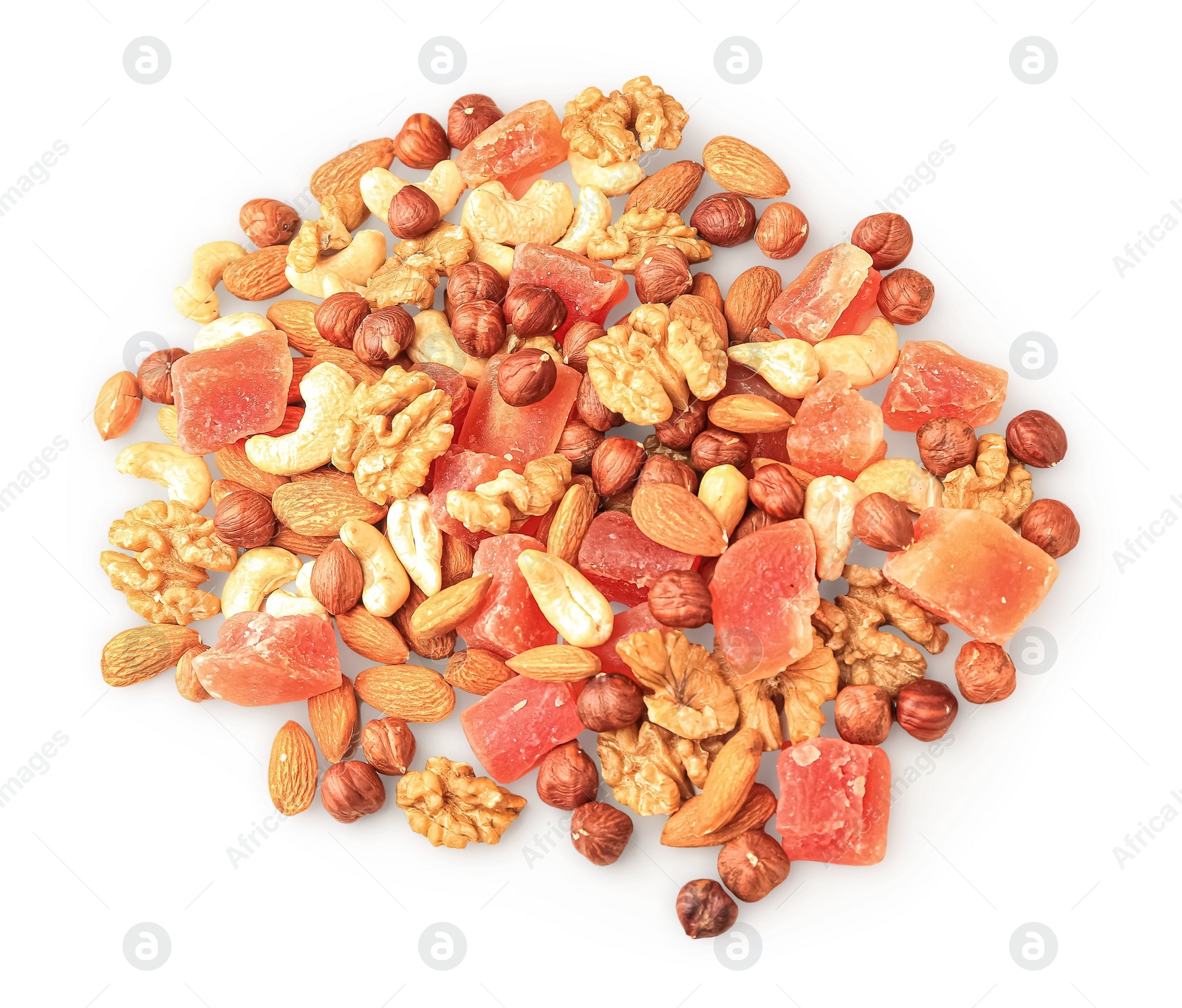 Photo of Different tasty nuts and dried papayas on beige background, flat lay