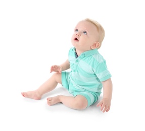 Photo of Cute little baby on white background. Crawling time