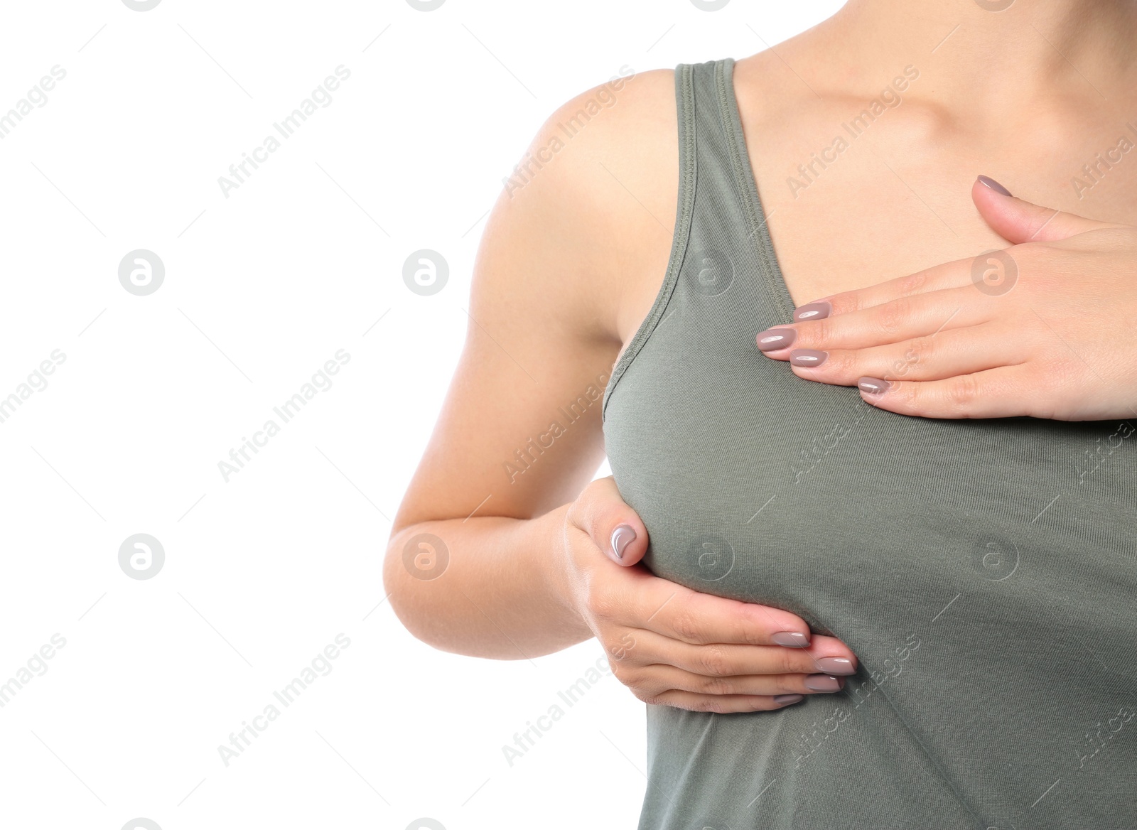 Photo of Woman checking her breast on white background, closeup. Space for text