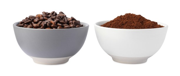 Photo of Bowls with ground coffee and roasted beans on white background