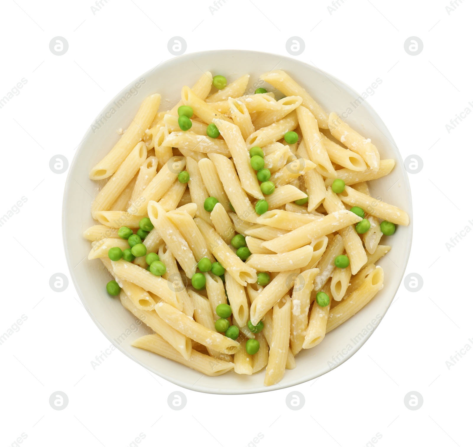 Photo of Delicious pasta with green peas and cheese in bowl isolated on white