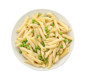 Delicious pasta with green peas and cheese in bowl isolated on white