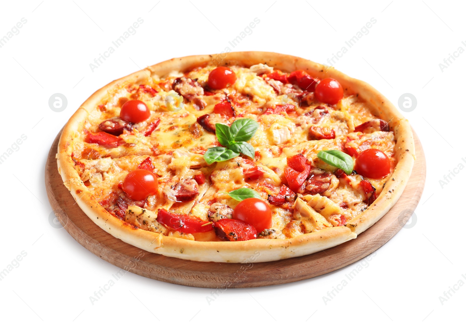Photo of Delicious pizza with tomatoes and sausages on white background