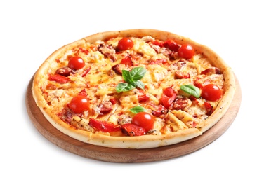 Delicious pizza with tomatoes and sausages on white background