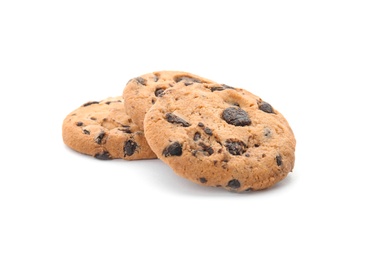 Pile of tasty chocolate chip cookies on white background