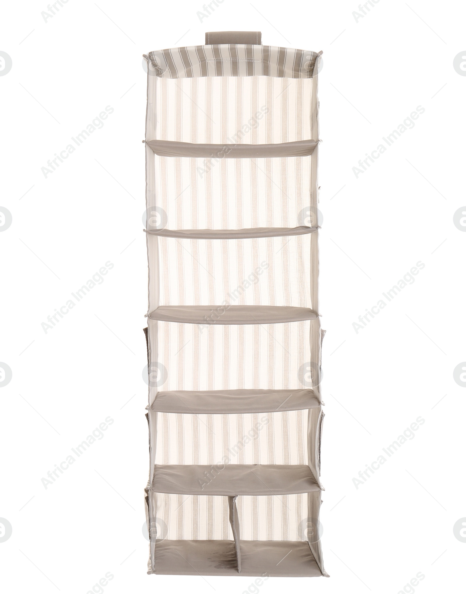 Photo of Empty foldable organizer for clothes isolated on white