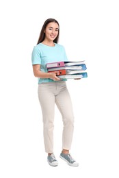 Photo of Happy woman with folders on white background