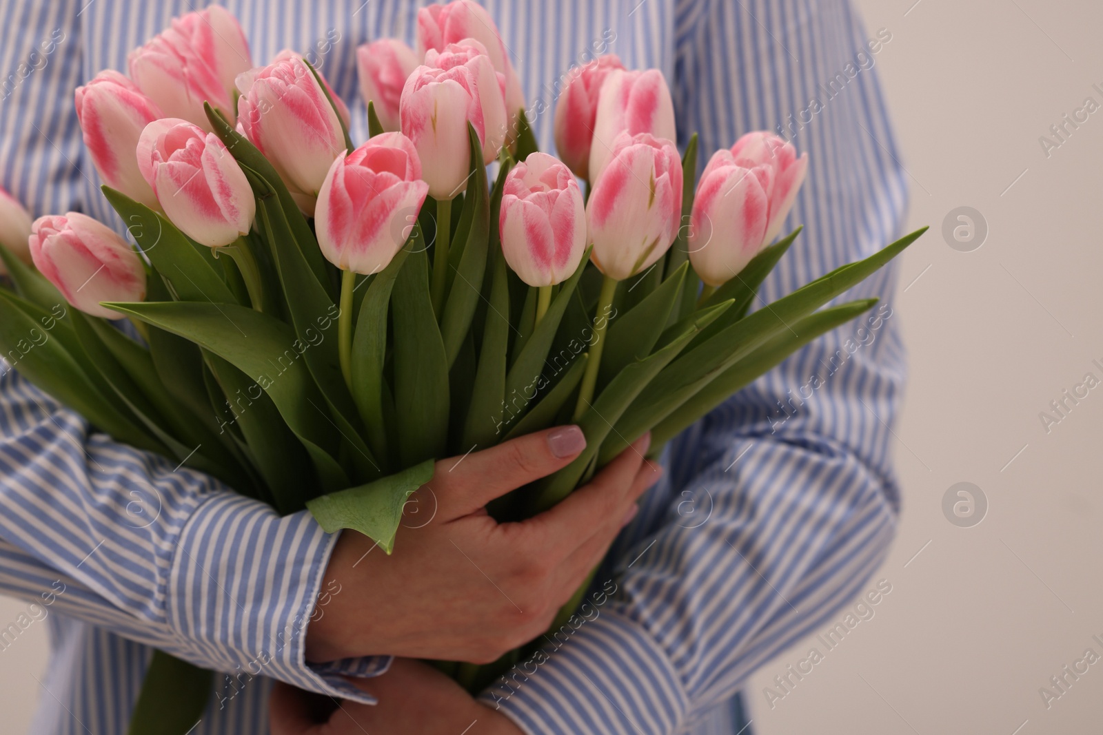 Photo of Woman with bouquet of beautiful fresh tulips on light grey background, closeup