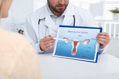 Photo of Gynecologist showing illustration of female reproductive system to young woman, closeup