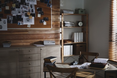 Photo of Detective office interior with evidence board on wall