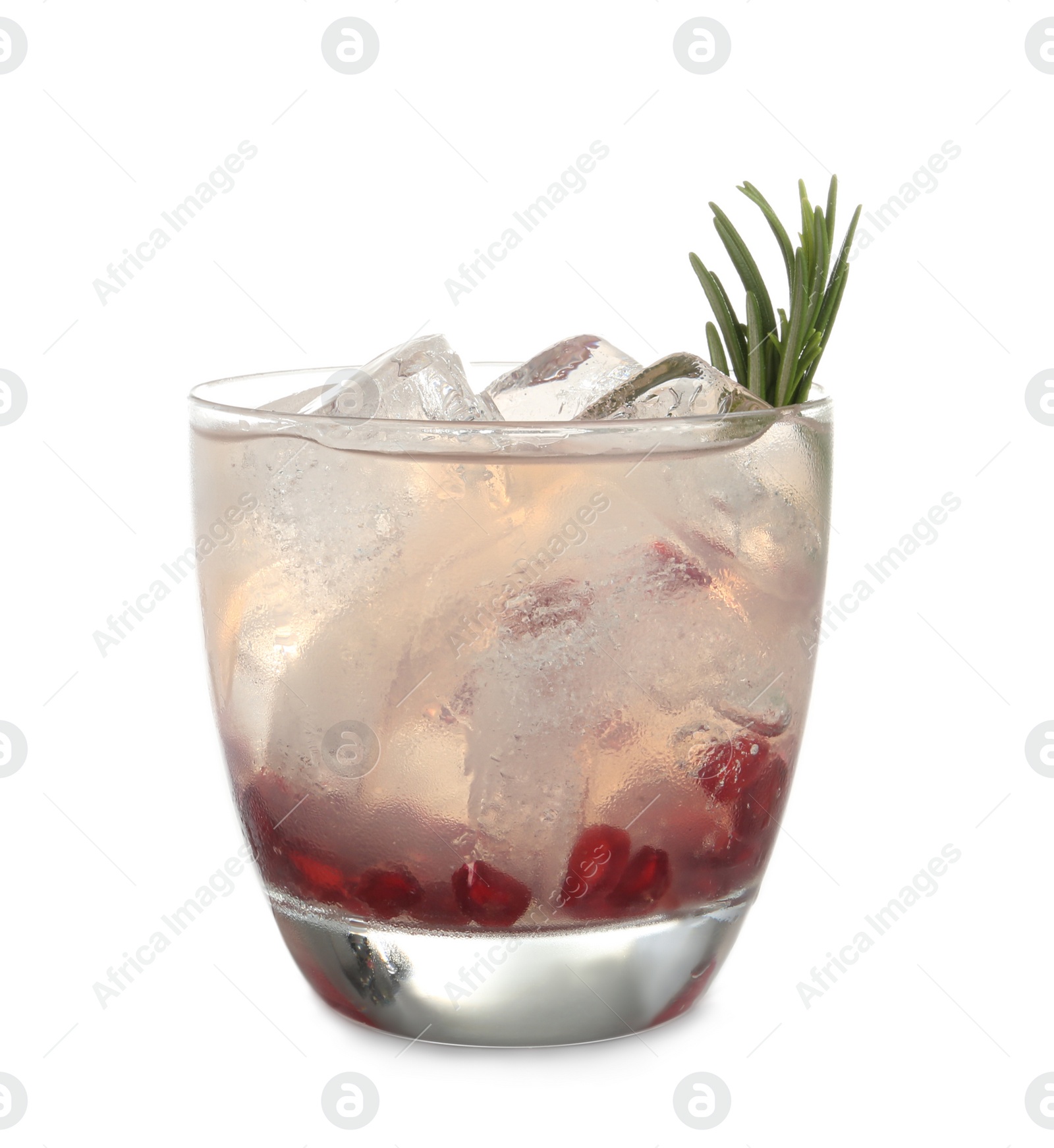 Photo of Tasty cocktail with ice cubes and pomegranate isolated on white