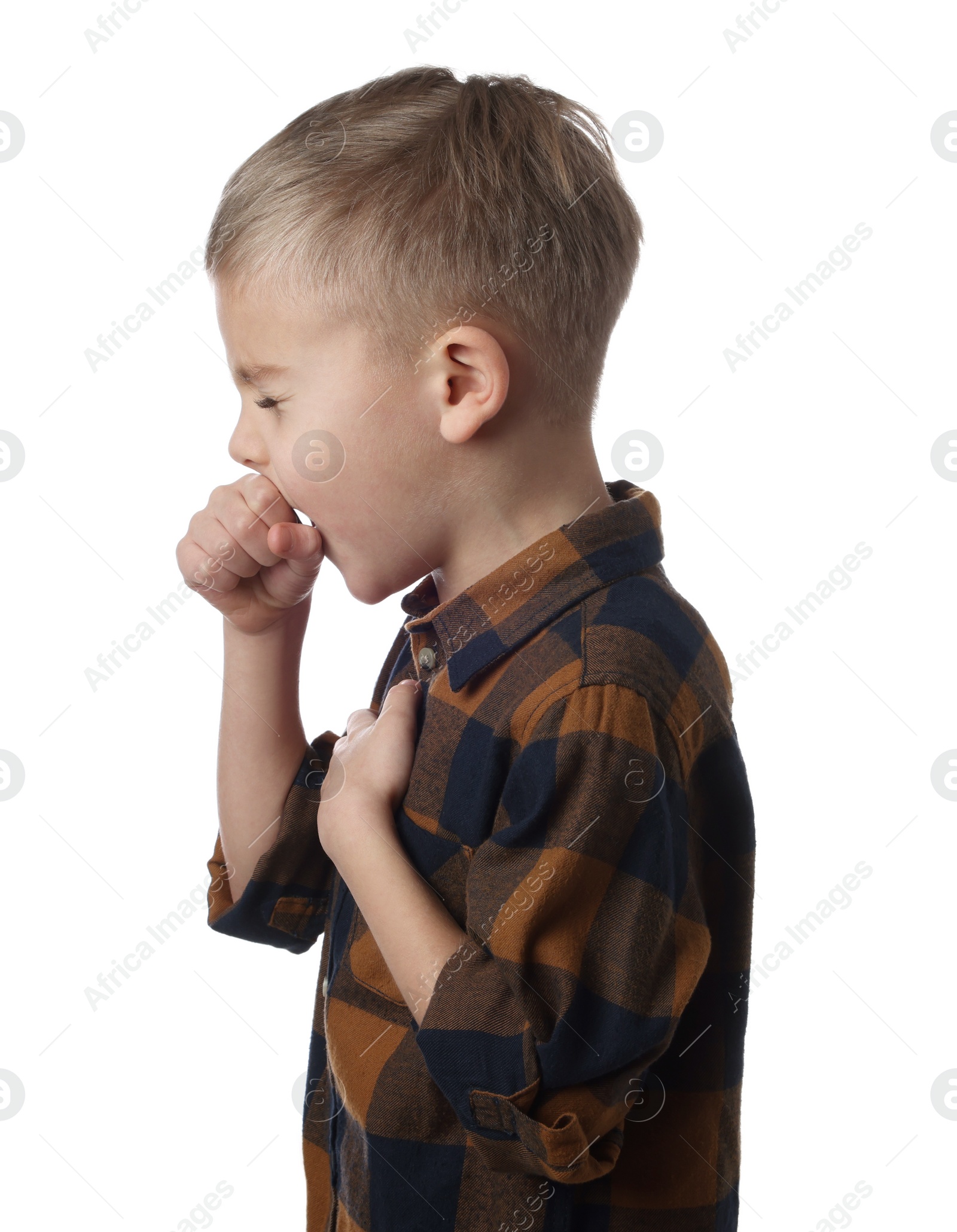 Photo of Sick boy coughing on white background. Cold symptoms