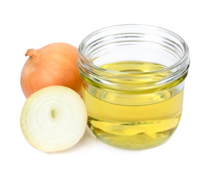 Photo of Glass jar of onion syrup and fresh ingredient on white background