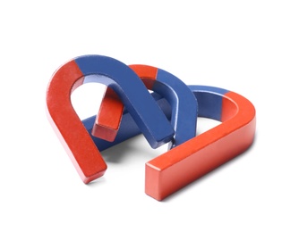 Red and blue horseshoe magnets on white background