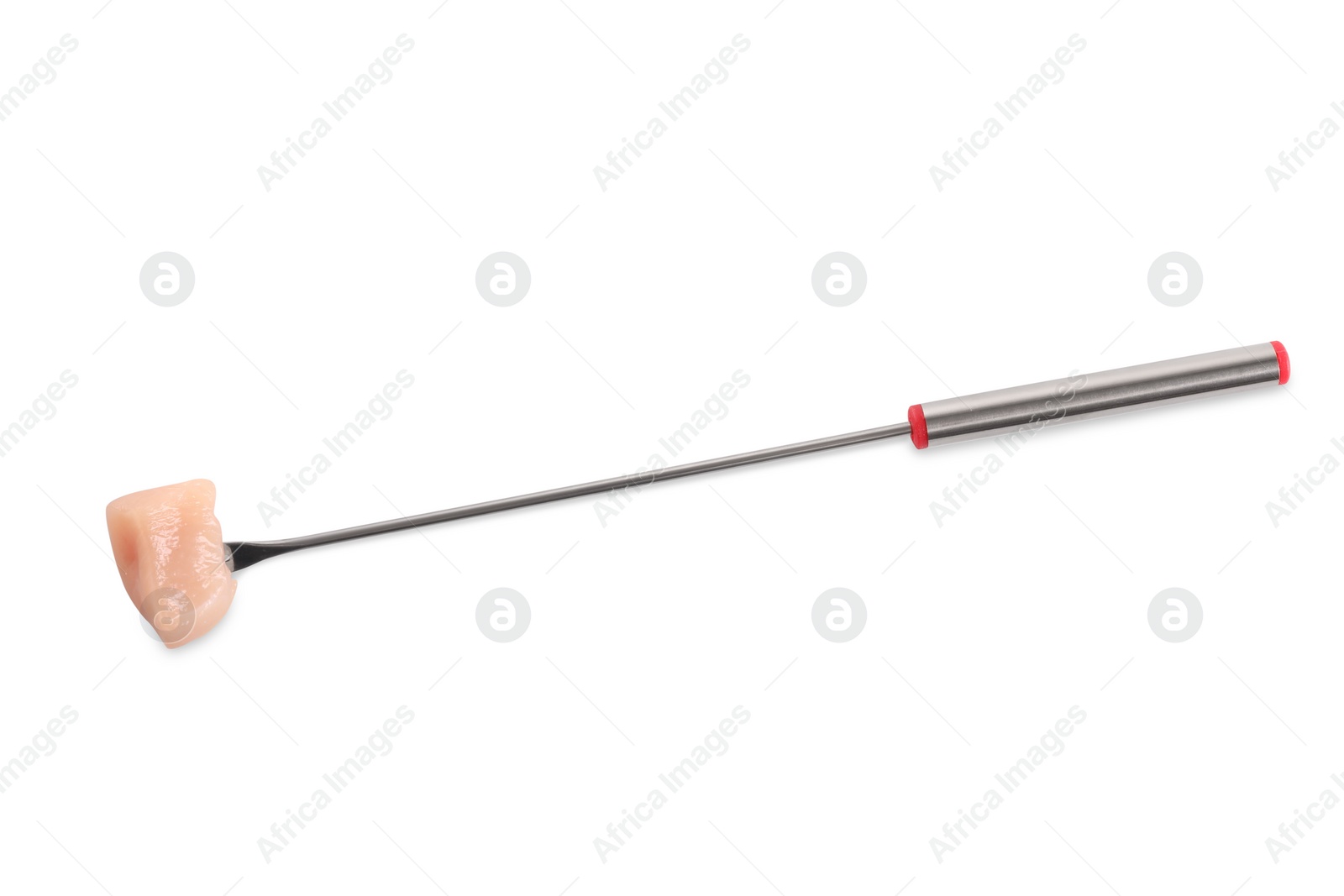 Photo of Fondue fork with piece of raw meat isolated on white, top view