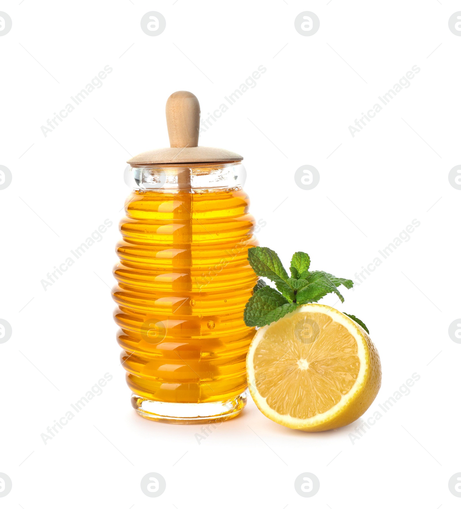 Photo of Jar of honey, mint and lemon on white background. Cough remedies