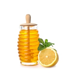 Photo of Jar of honey, mint and lemon on white background. Cough remedies