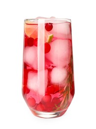 Tasty cranberry cocktail with ice cubes, rosemary and lime in glass isolated on white