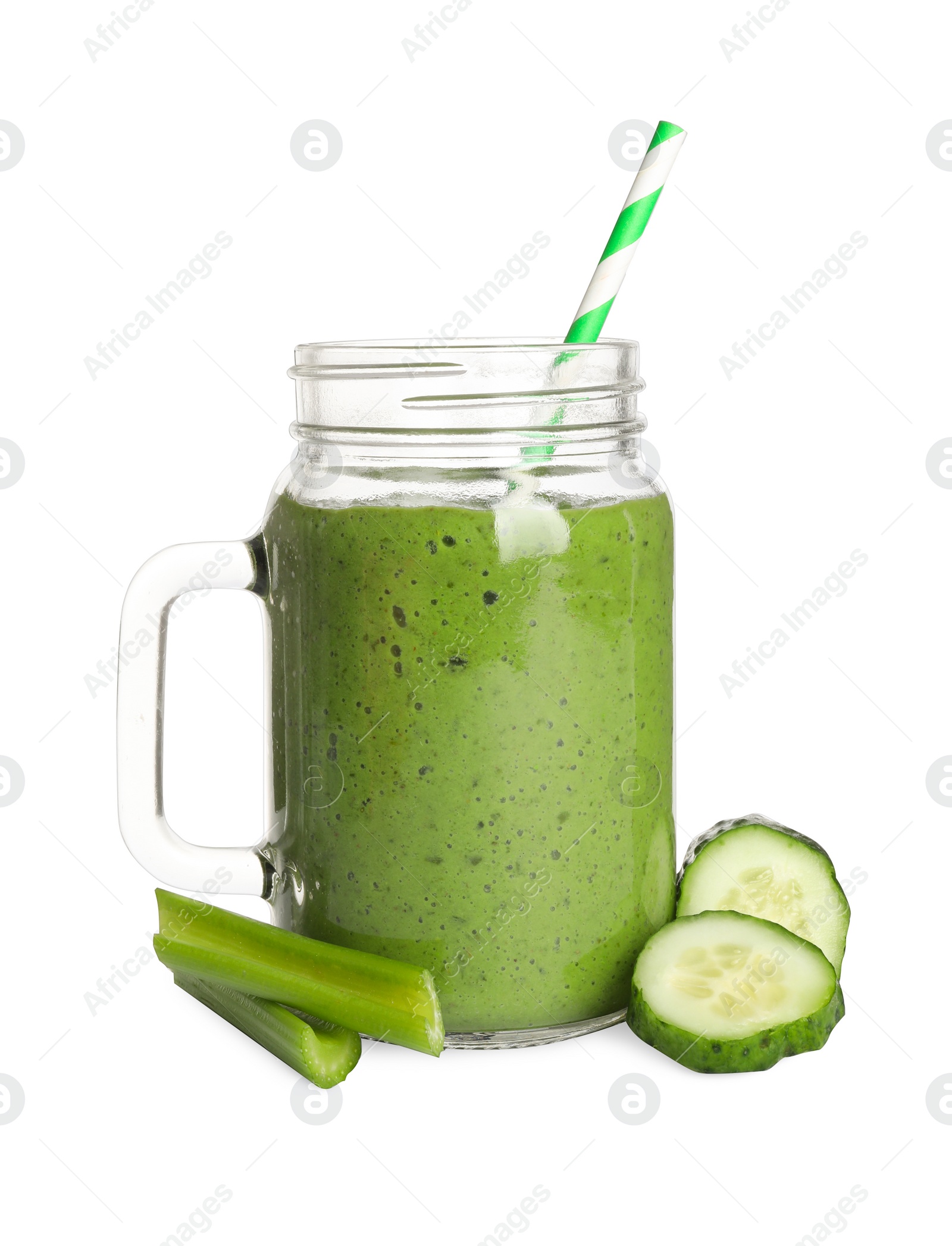 Photo of Mason jar of healthy detox smoothie and ingredients on white background