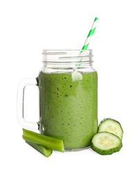 Mason jar of healthy detox smoothie and ingredients on white background