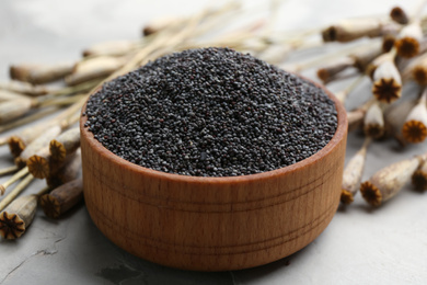 Photo of Dried poppyheads and bowl with seeds on grey table