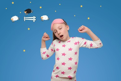 Image of Insomnia problem. Sleepy girl yawning and stretching on blue background. Illustrations of sheep jumping over fence and stars