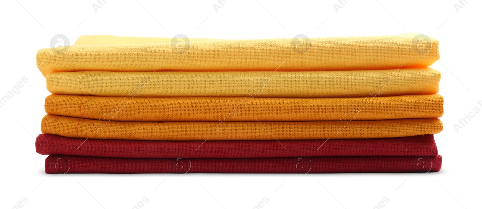 Photo of Stack of fabric napkins for table setting isolated on white