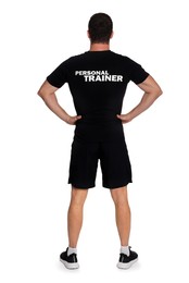 Photo of Personal trainer on white background, back view. Gym instructor