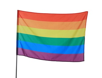 Photo of Bright rainbow LGBT flag fluttering on white background. Lesbian concept