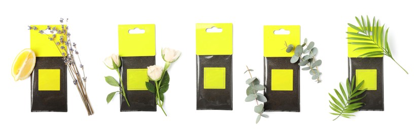 Image of Set of scented sachets with different aromas on white background, top view. Banner design