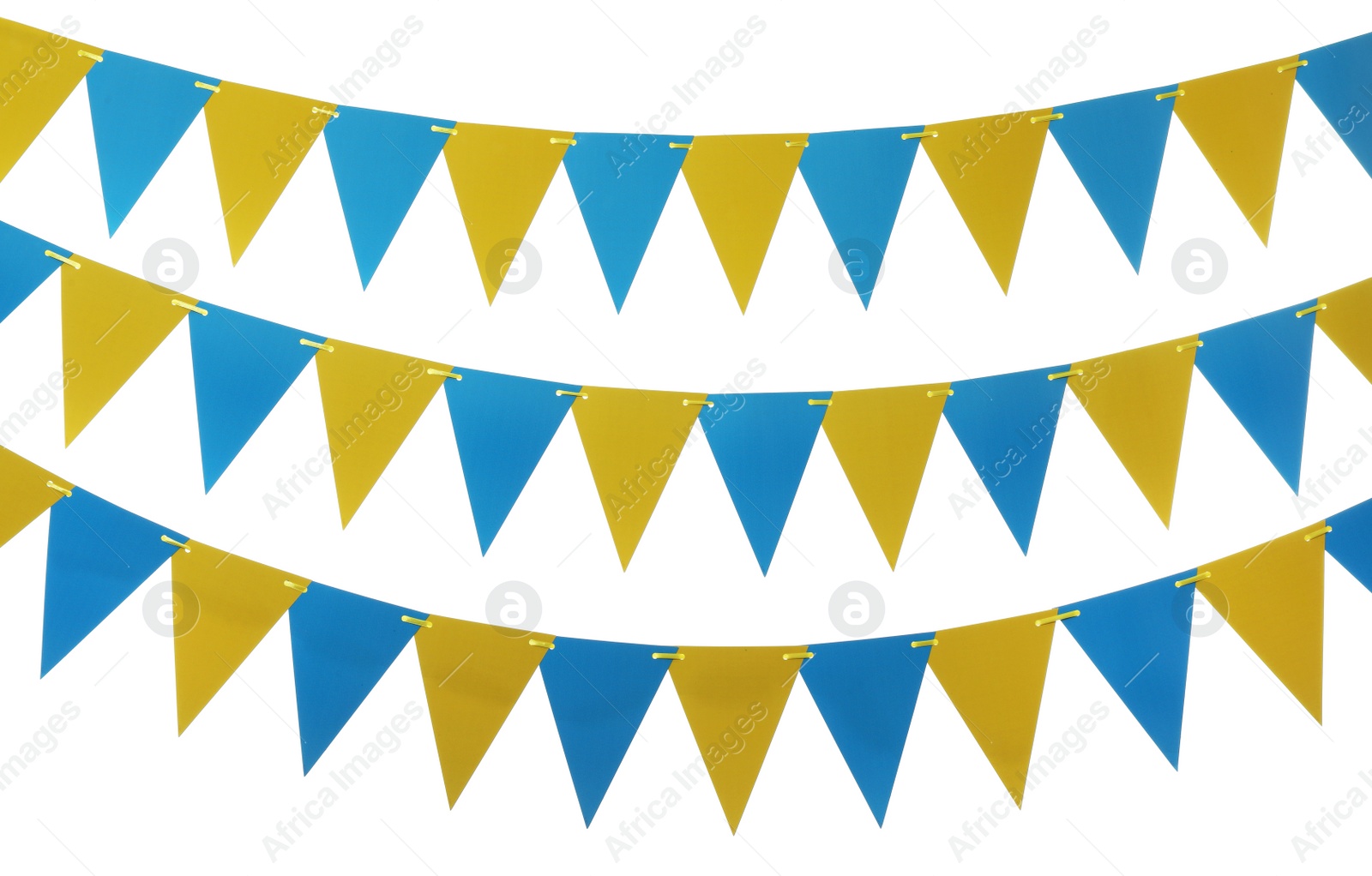 Photo of Buntings with colorful triangular paper flags on white background. Festive decor