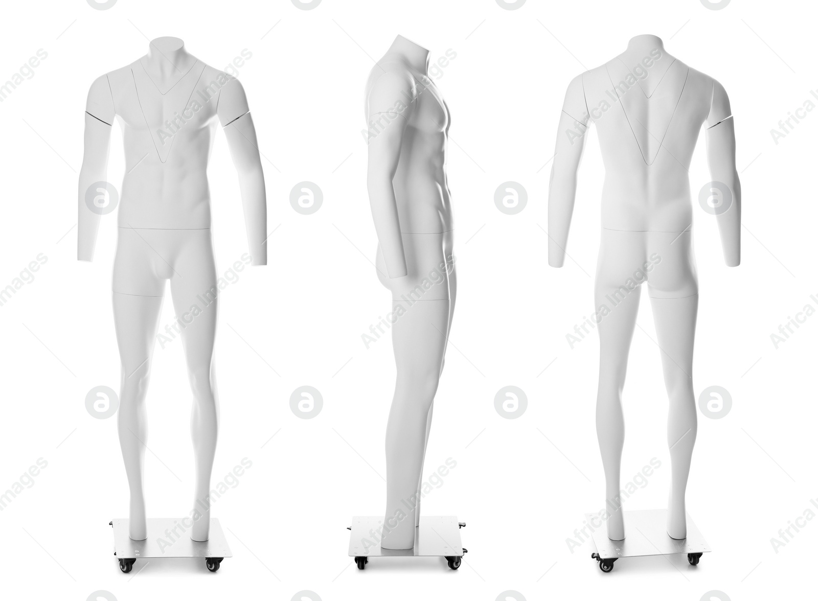 Image of Set of ghost headless mannequins with removable pieces on white background