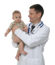 Pediatrician with cute little baby on white background