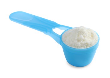 Photo of Scoop of powdered infant formula isolated on white. Baby milk