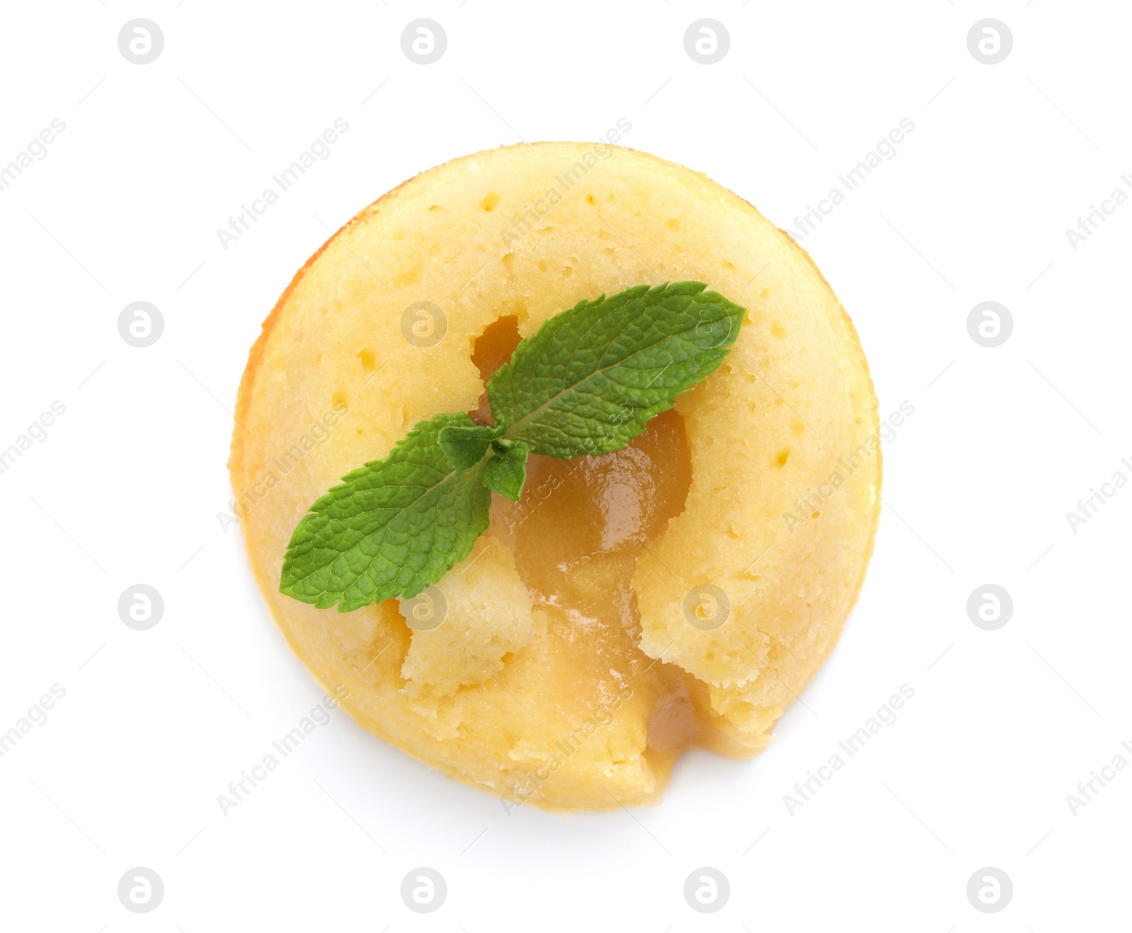 Photo of Delicious vanilla fondant with white chocolate and mint isolated on white, top view