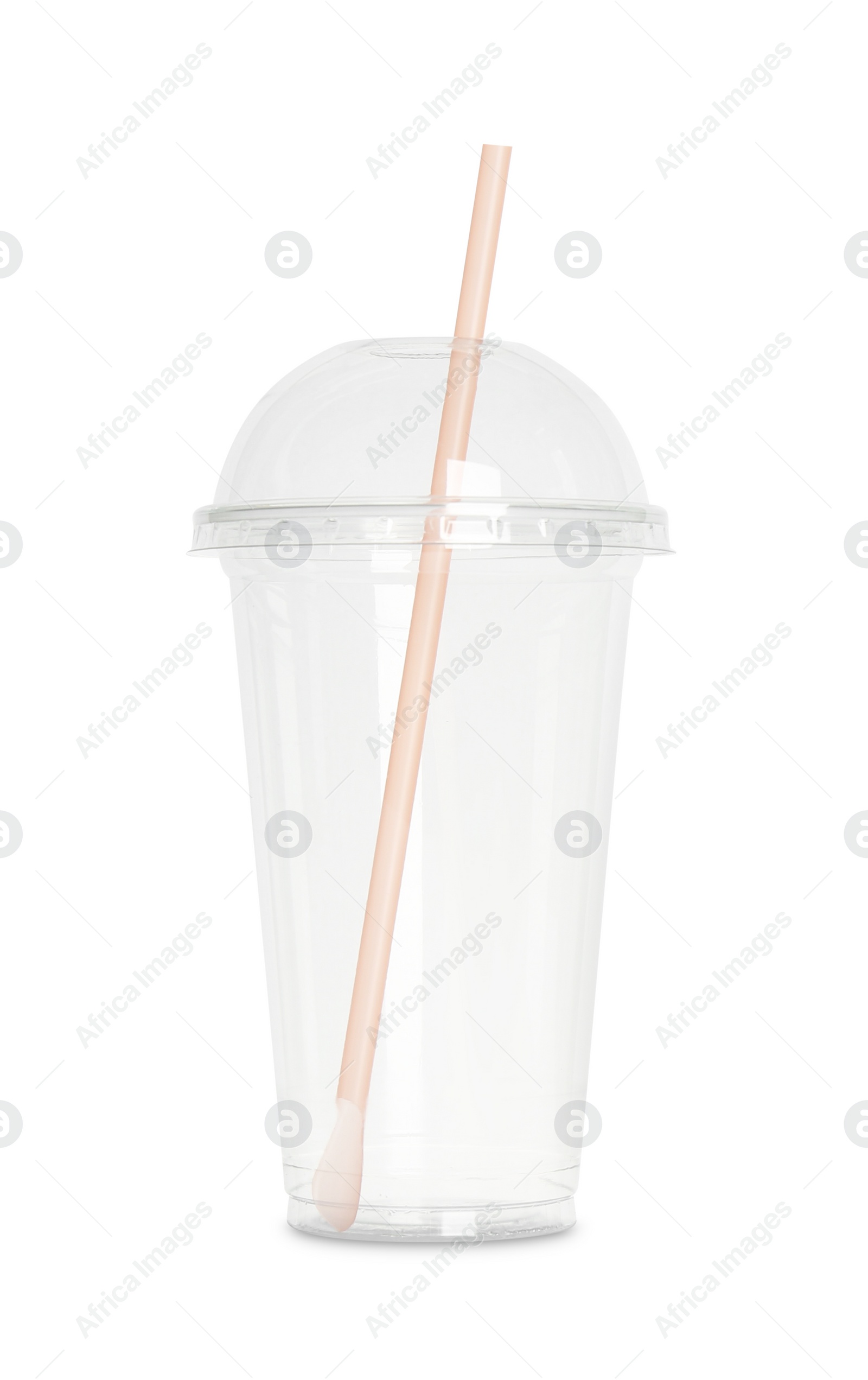 Photo of Empty plastic cup with straw isolated on white