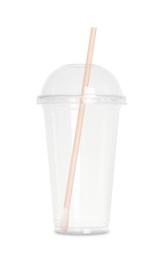 Photo of Empty plastic cup with straw isolated on white