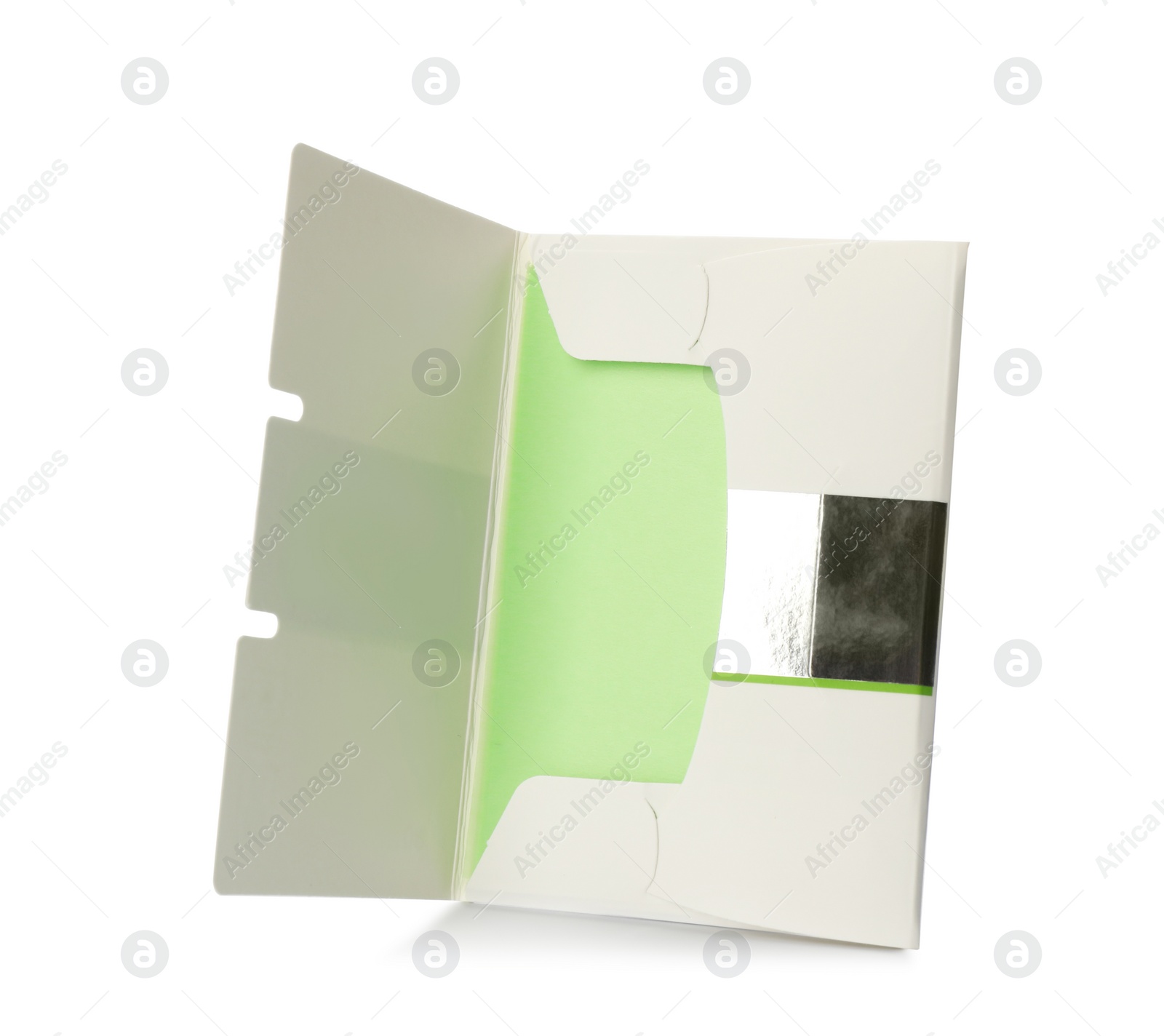 Photo of Package of facial oil blotting tissues isolated on white. Mattifying wipes