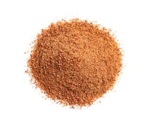 Photo of Pile of natural coconut sugar on white background, top view