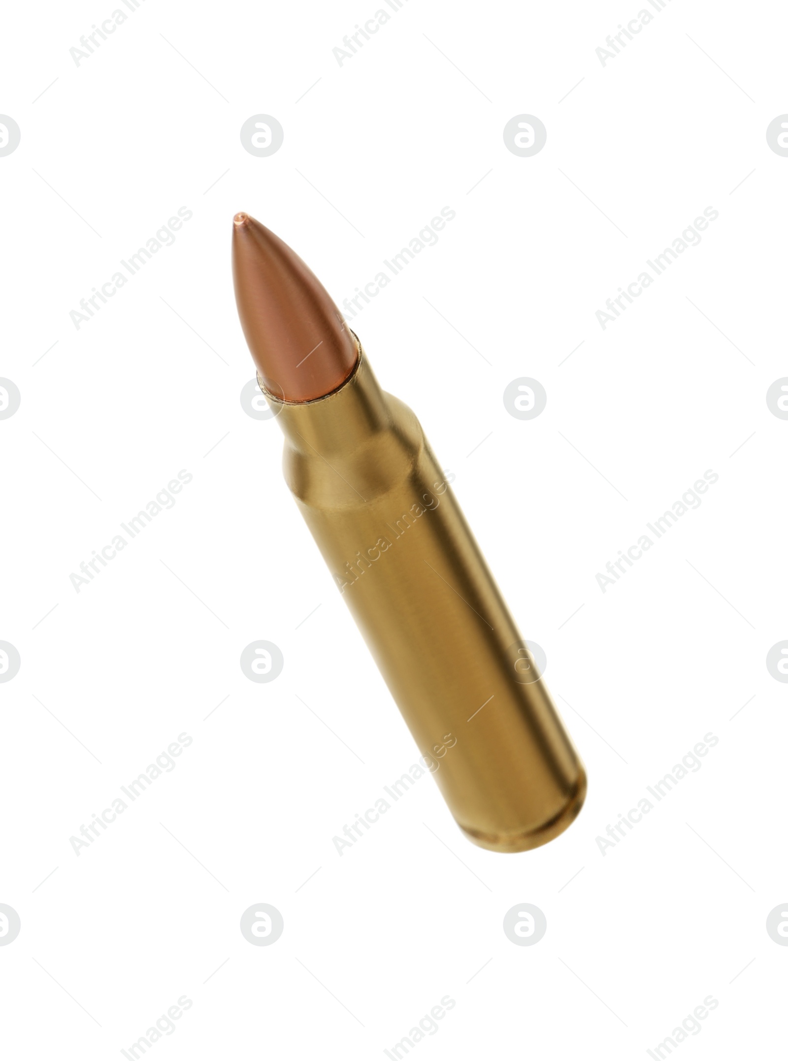 Photo of One bullet isolated on white. Firearm ammunition