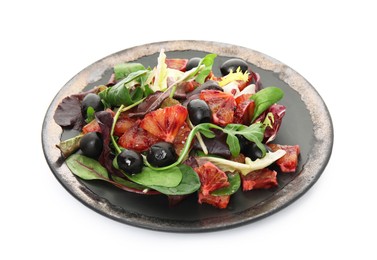 Photo of Delicious salad with sicilian orange on white background