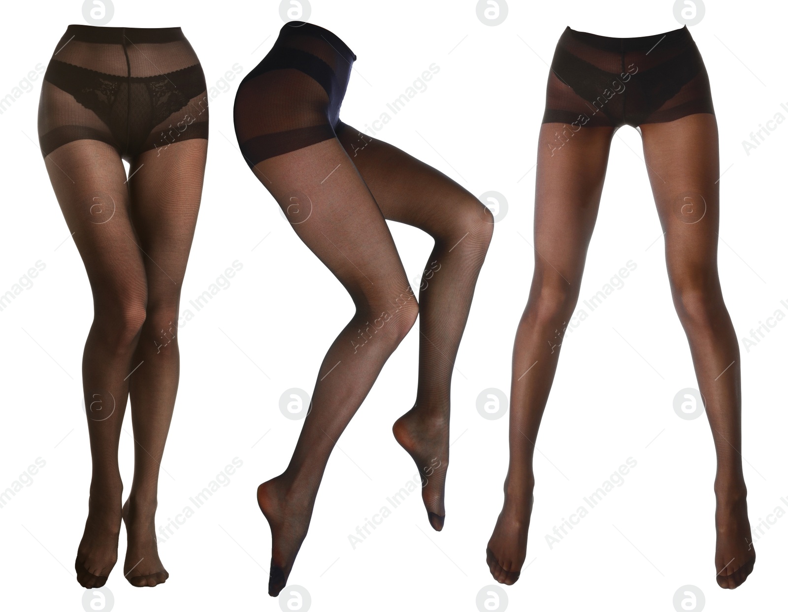 Image of Set of female elegant black tights on white background