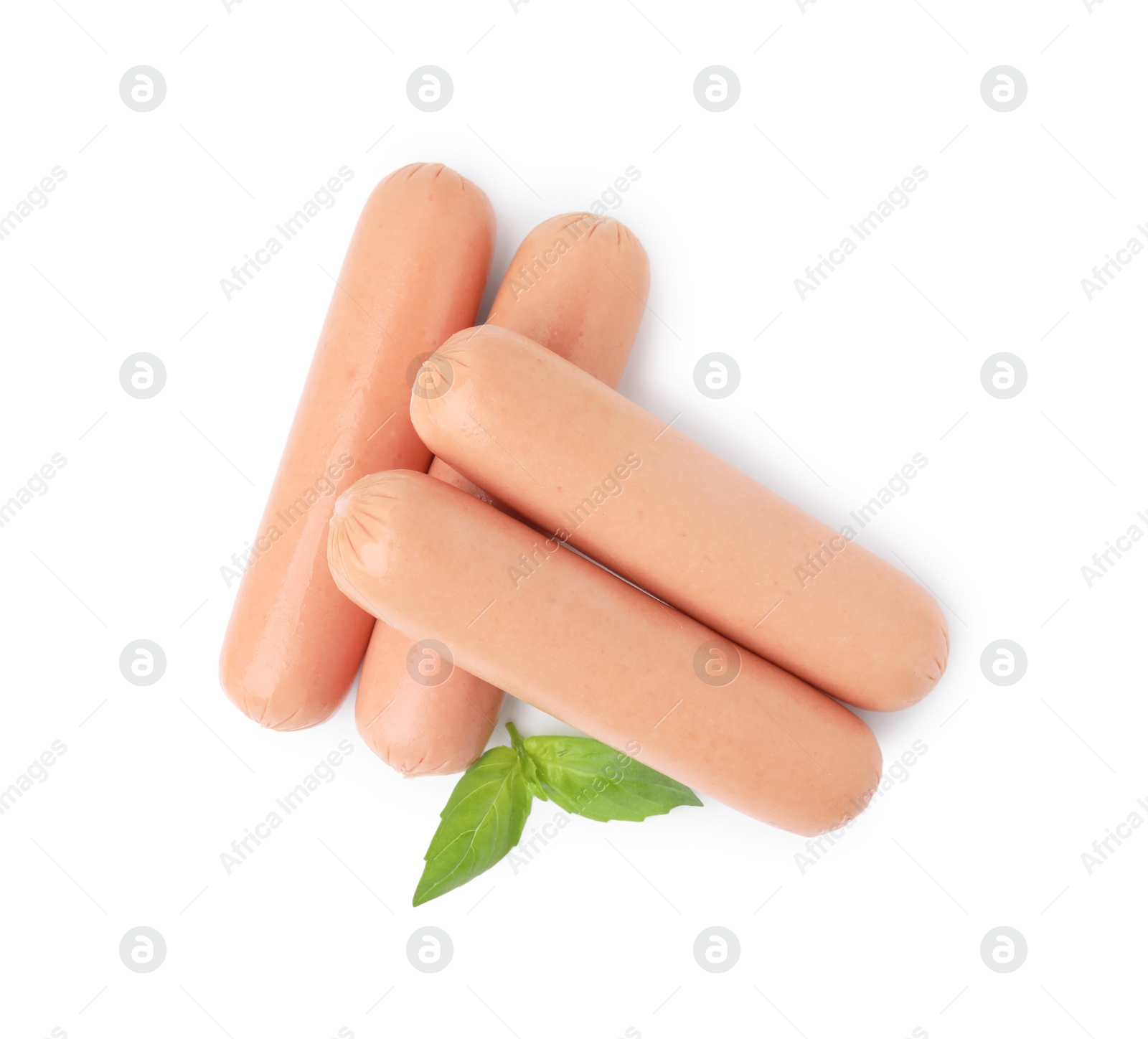 Photo of Delicious boiled sausages and basil on white background, top view