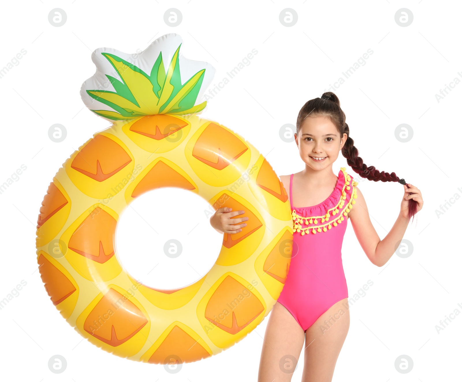 Photo of Cute little girl with bright inflatable ring on white background