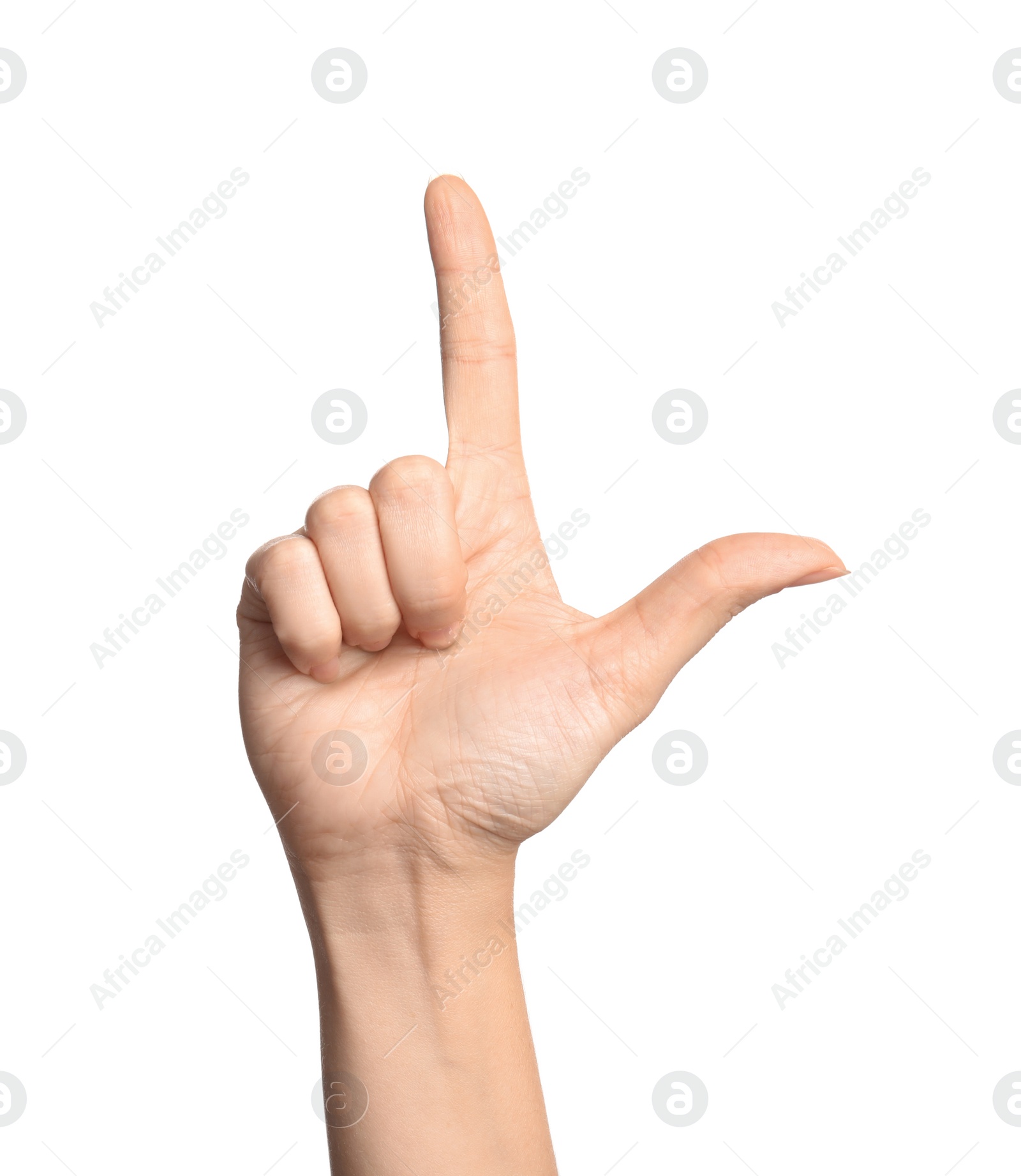 Photo of Woman showing L letter on white background, closeup. Sign language